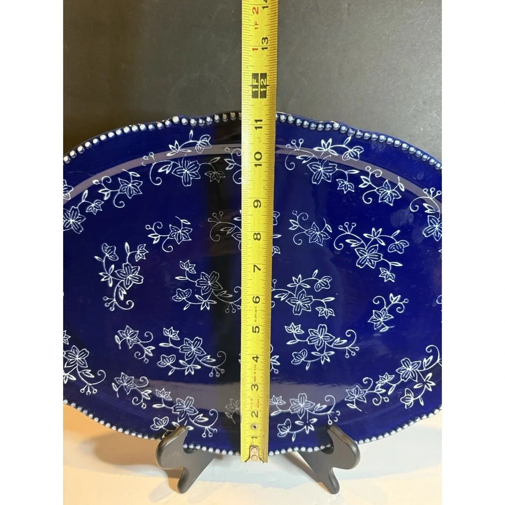Temp-tations by Tara Floral Lace Cobalt Blue Oval Serving Platter 18.5